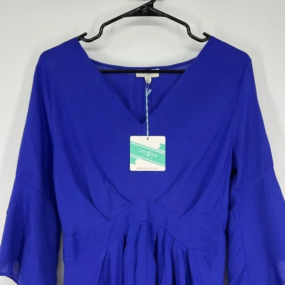 Umgee Dress Blue Ruffle Hi Lo Bell Sleeve V Neck Midi NWT - Picture 4 of 12